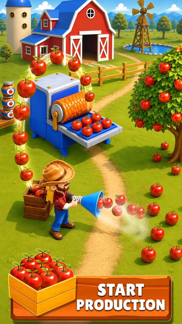 My Perfect Farm — sending harvested apples into the production machine to turn them into jars of processed goods worth more than raw produce