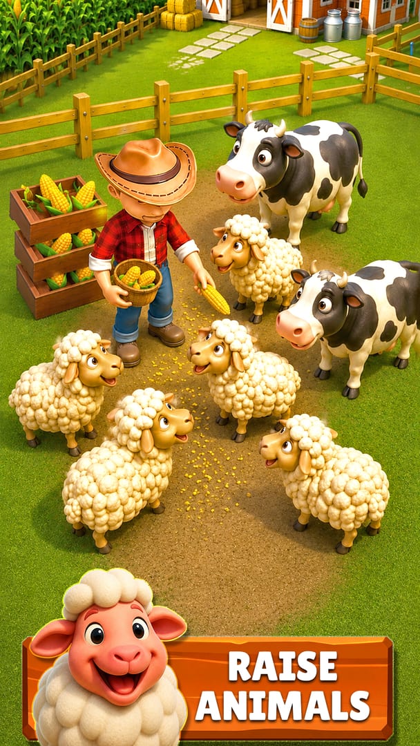 My Perfect Farm — feeding corn to the sheep and dairy cows in the animal pen, with crates of harvested corn stacked alongside