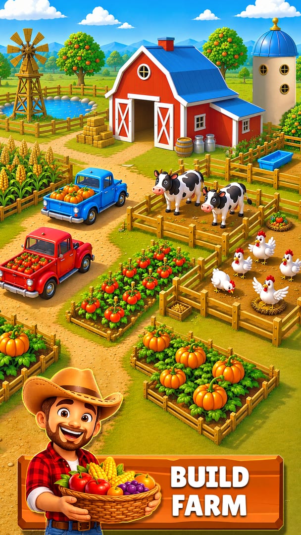 My Perfect Farm — the built-up farm: corn, tomato and pumpkin beds, a cow pen and a chicken run around the barn, with loaded pickups ready to take produce to market