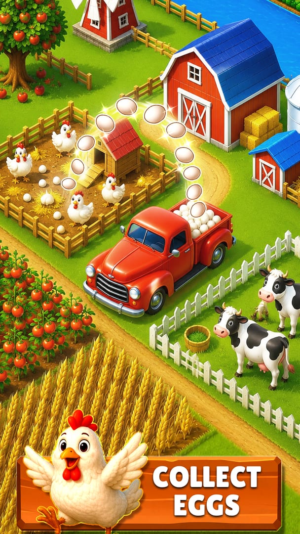 My Perfect Farm — collecting fresh eggs from the chicken coop and loading them onto the pickup for delivery, with the barn, wheat field and cow pasture behind
